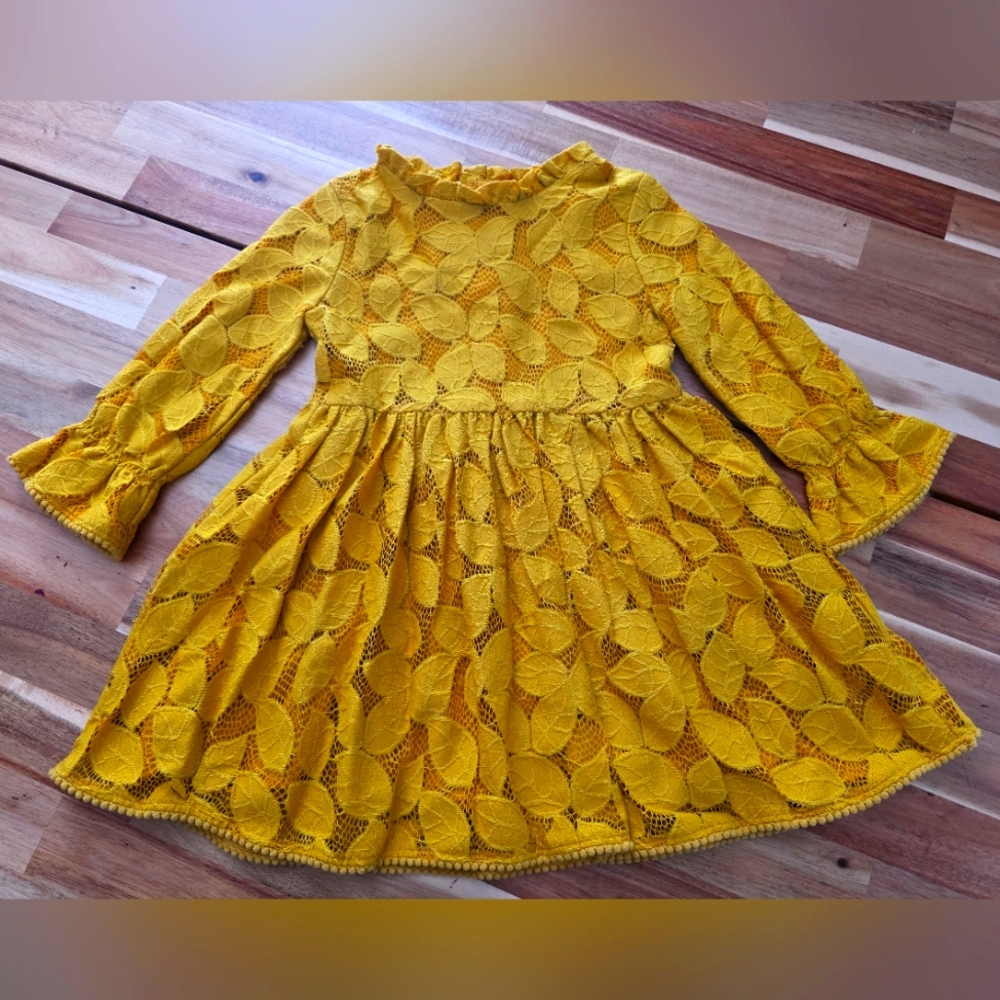 Charming Yellow Leaves Design Lace Kids Dress